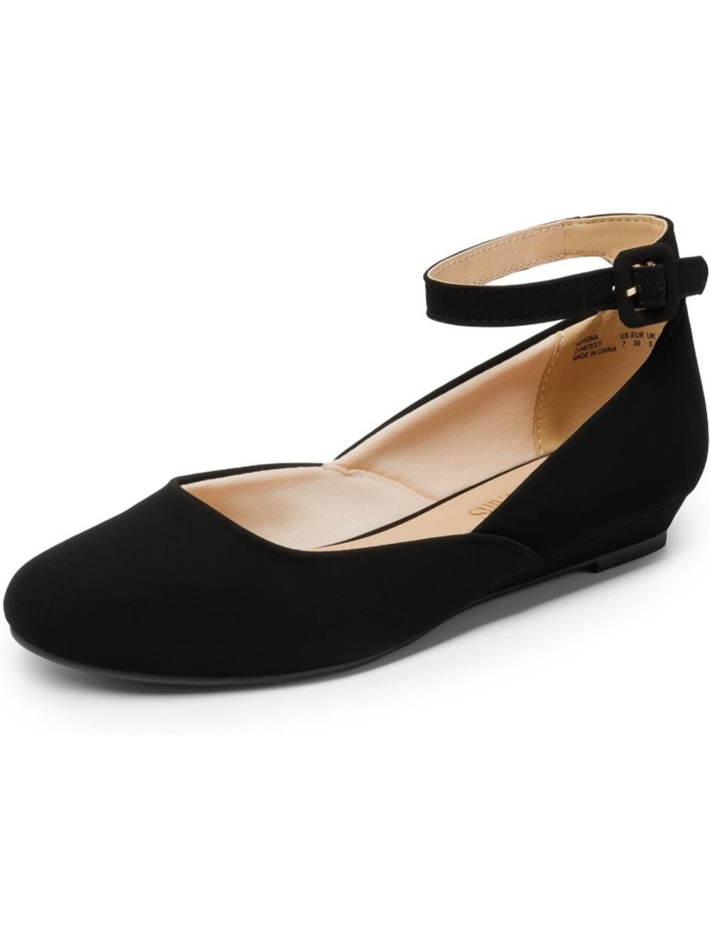 Women's Black Nubuck Comfortable Ballet Low Wedge Round Toe Ankle Strap Flats